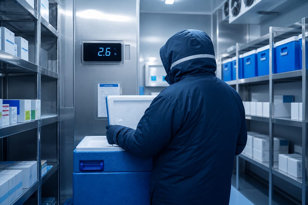 Temperaturgeführtes Kühllager bei 2 bis 8 Grad Celsius mit Kühlcontainern und digitaler Temperaturanzeige